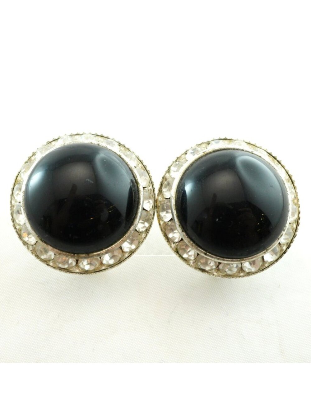 Vintage Black Round Cabochon Rhinestone Clip-On Earrings 1980s